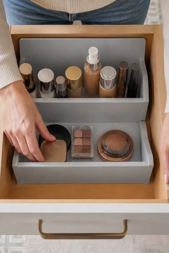 Small drawer with an adjustable shelf creating two levels for makeup