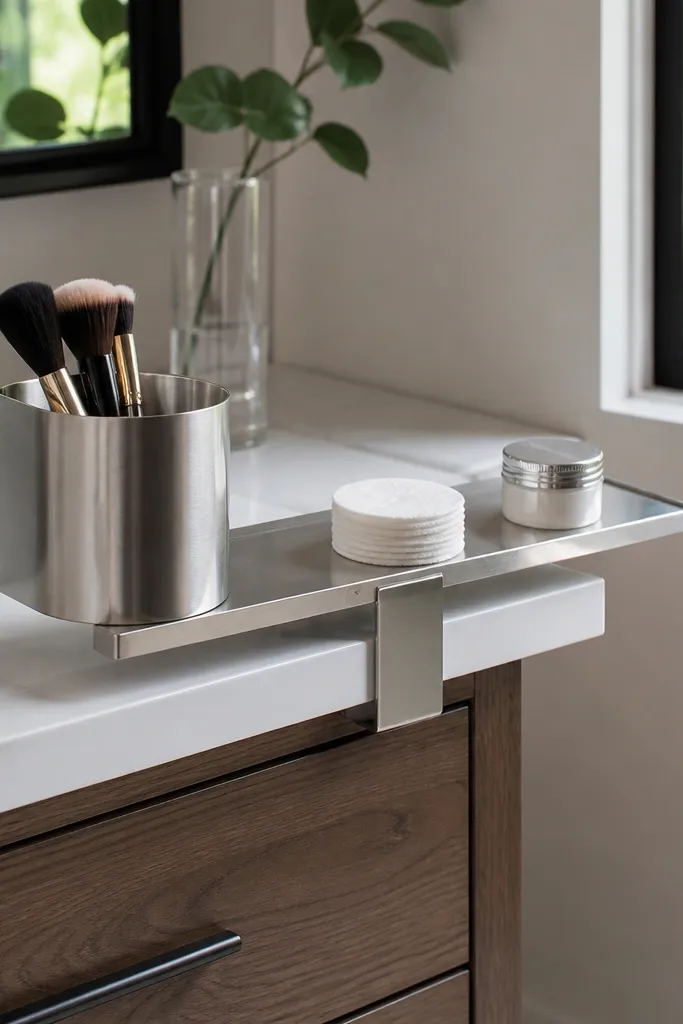 Small overhang shelf above vanity holding brush cup and small jars