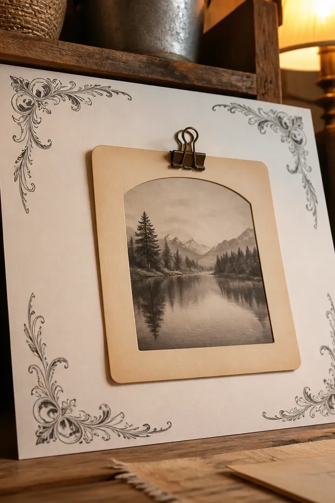 A pale vintage page with ornate corner flourishes and a clean center area.