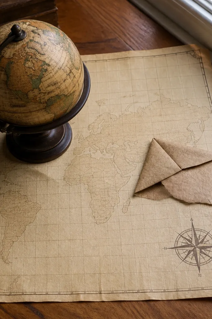 A muted map grid with a faint compass rose and faded route lines.