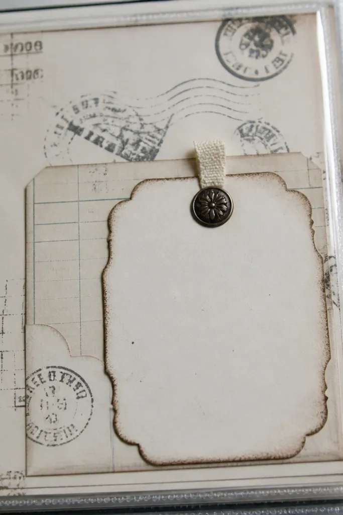A vintage paper pattern that looks like repeated library card pockets and stamps.