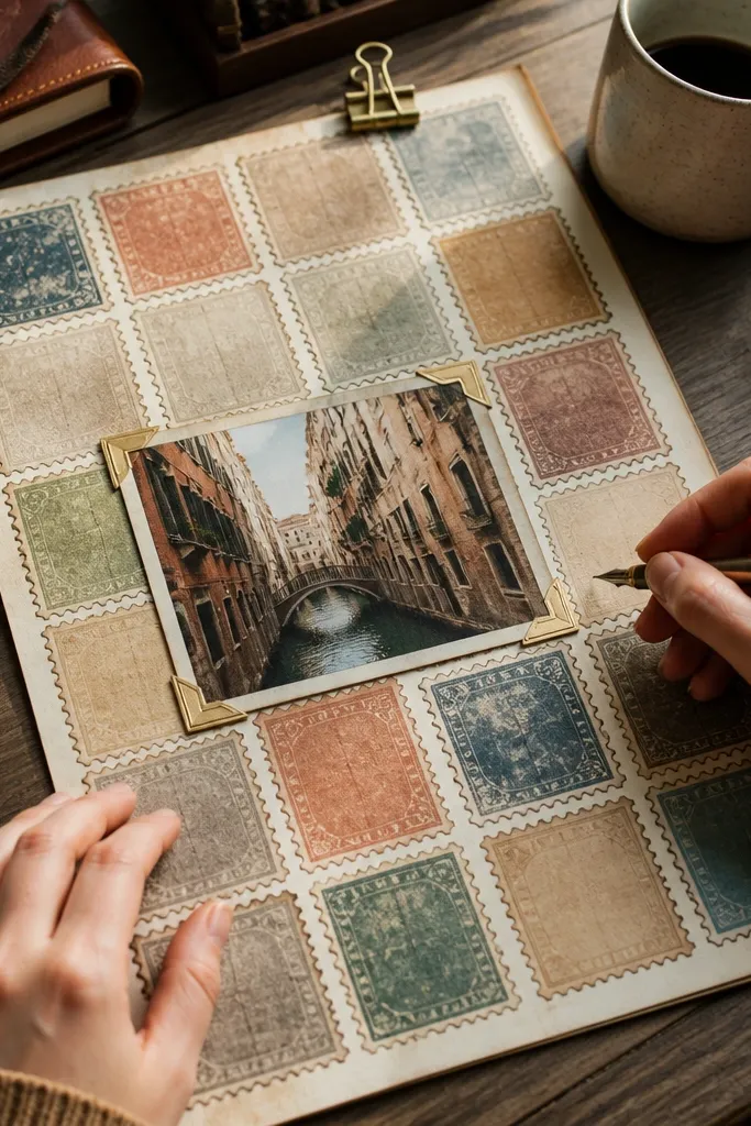 A faded grid of postage stamps with worn edges and muted ink colors.