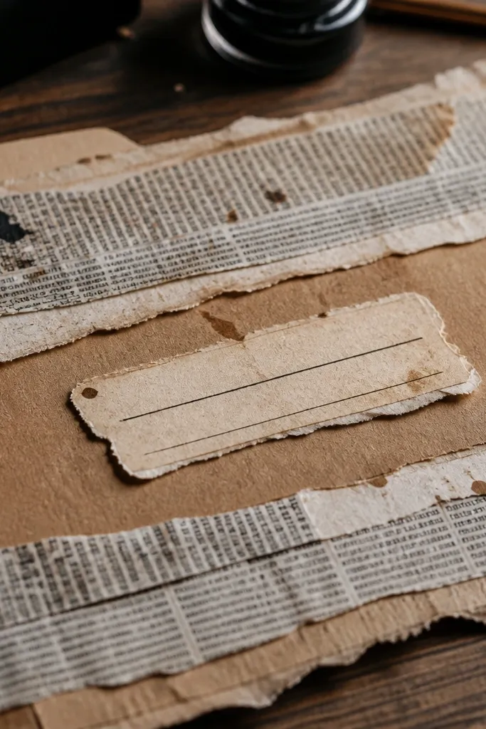 A newspaper-style background with torn edges and faded columns of text.
