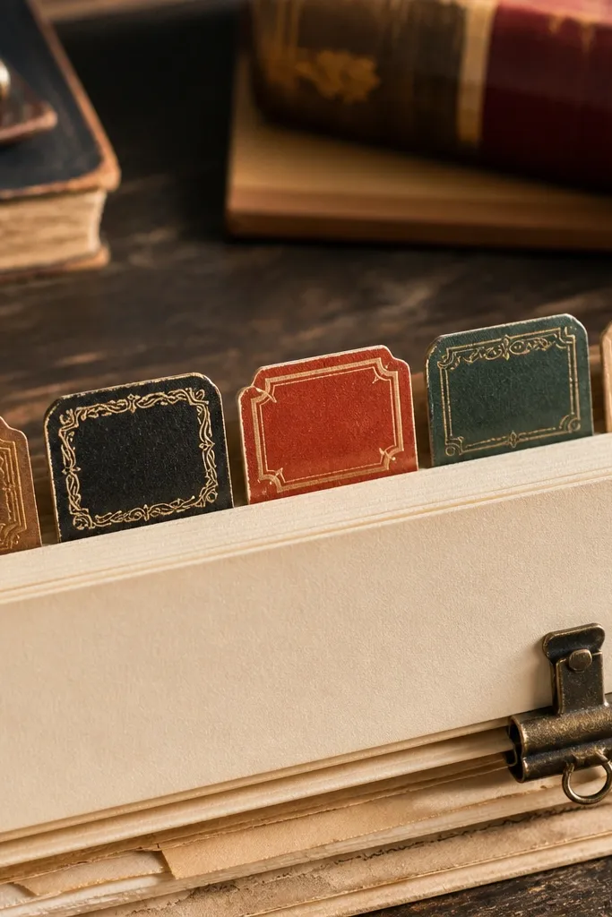 A cream paper with repeated book spine label shapes and faux emboss lines.