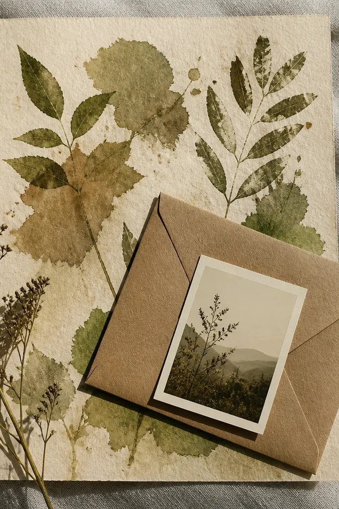 A muted botanical paper with faded pressed leaves and soft watercolor stains.