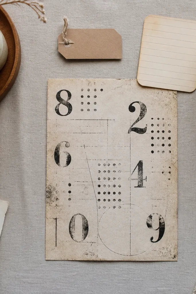 A cream ledger-style page with scattered numbers, dots, and faint lines.