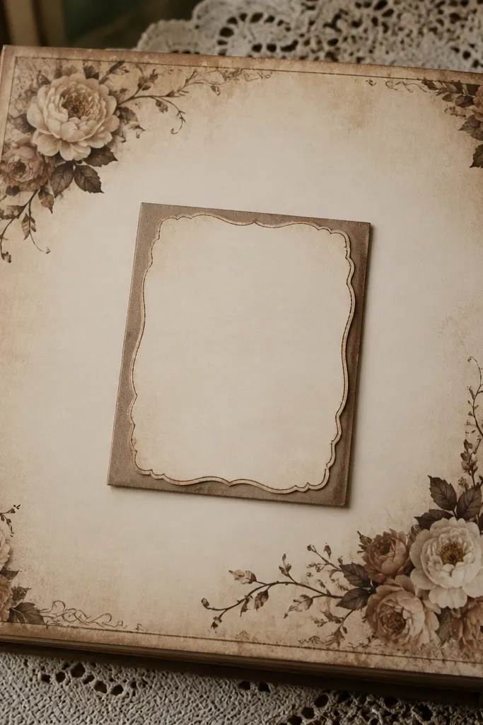 A pale sepia page with floral corner frames and faint speckling.