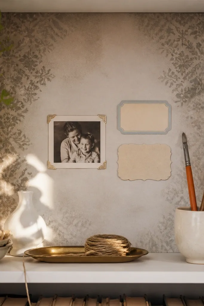 A faded damask pattern on cream paper with soft gray-brown contrast.