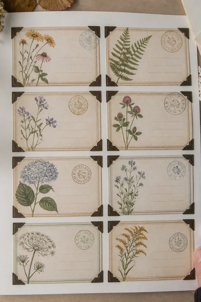 A vintage page with repeated botanical label rectangles and faint stamp marks.