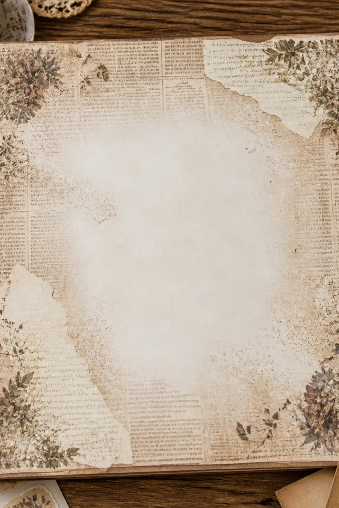A newspaper background with faded corner shapes that frame a blank center.
