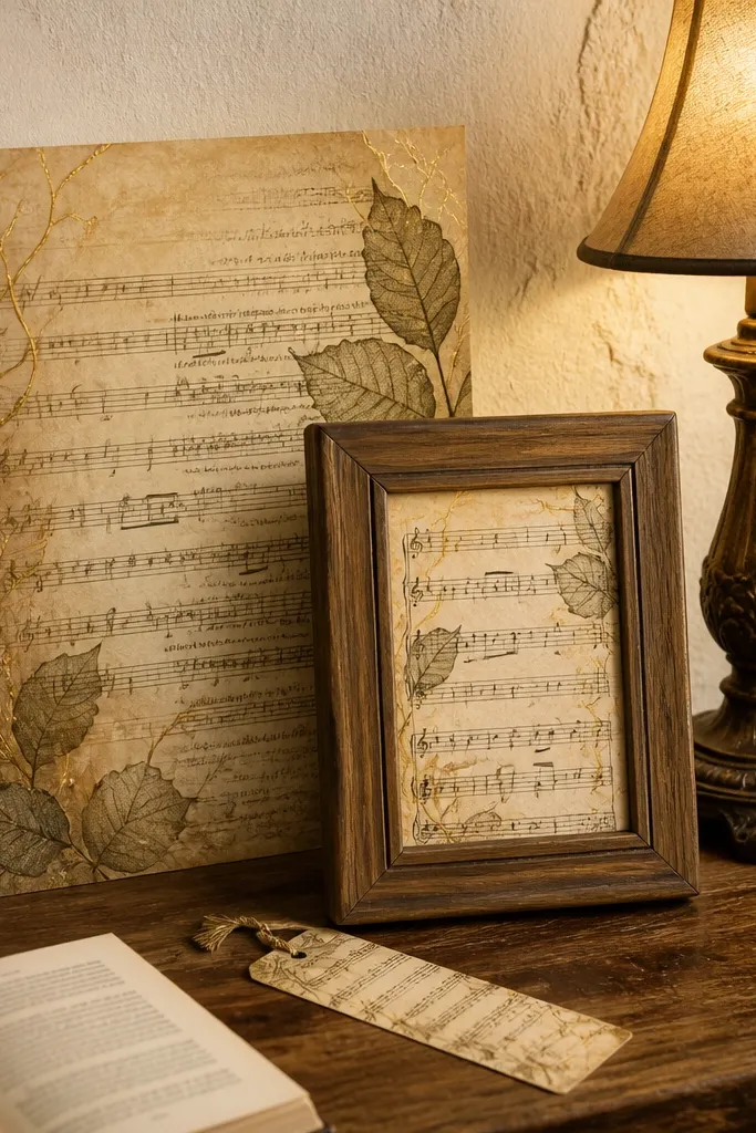 A cream aged page with faint sheet music lines and subtle decorative veins.