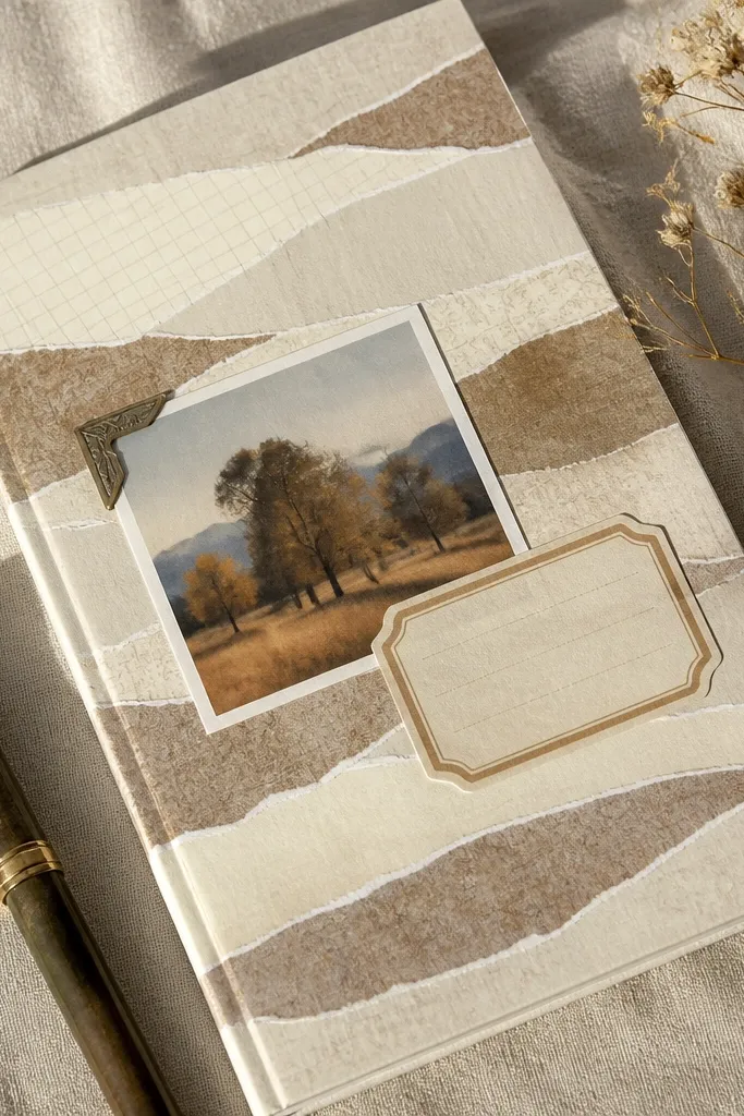 A cream page with printed tape strips and torn tape edges in muted colors.