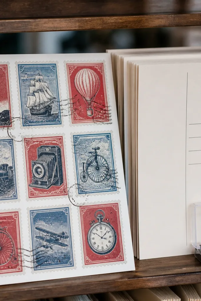 Vintage postage stamp stickers with muted colors and black cancel marks