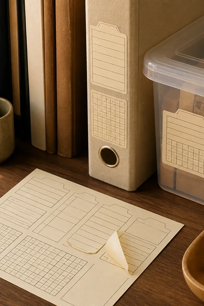 Library card style sticker tabs with due-date boxes and worn paper text