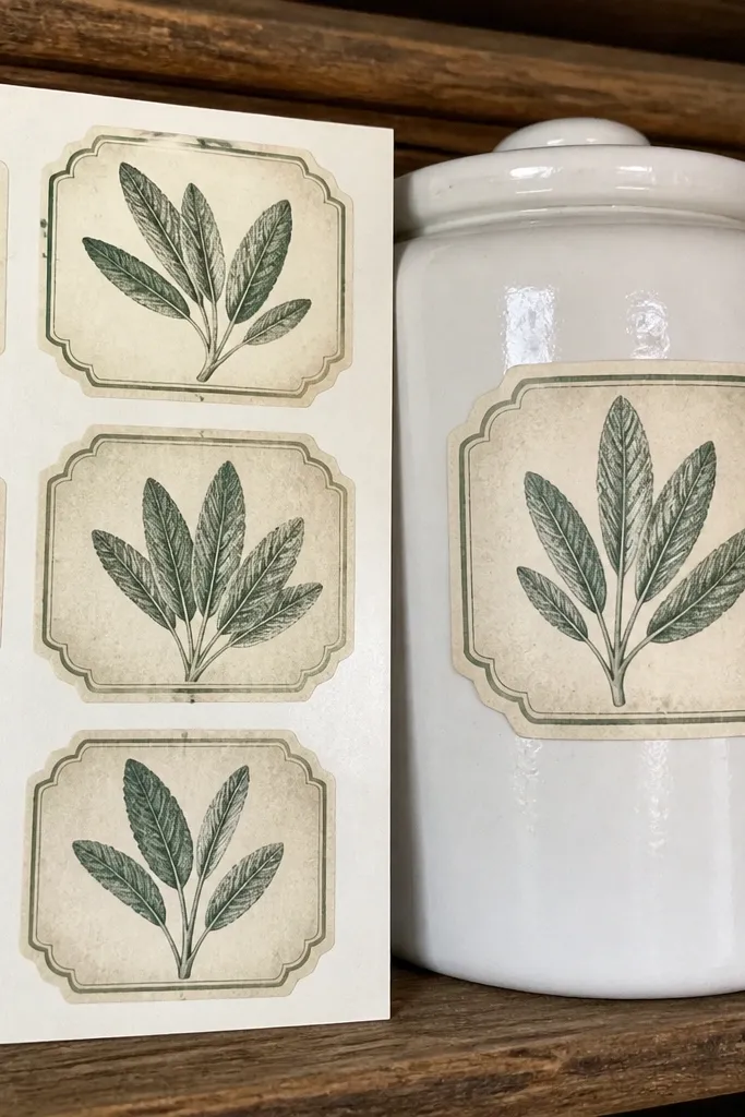 Muted green botanical label stickers with leaf drawings and serif text