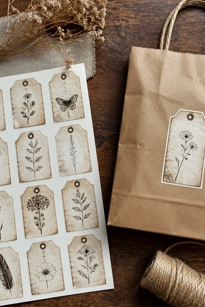 Cream paper quote tag stickers with distressed edges and simple text