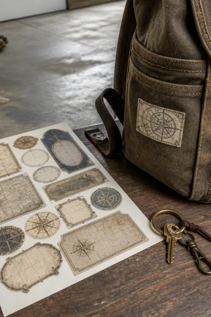 Travel label stickers with compass lines, faded borders, and small coordinates