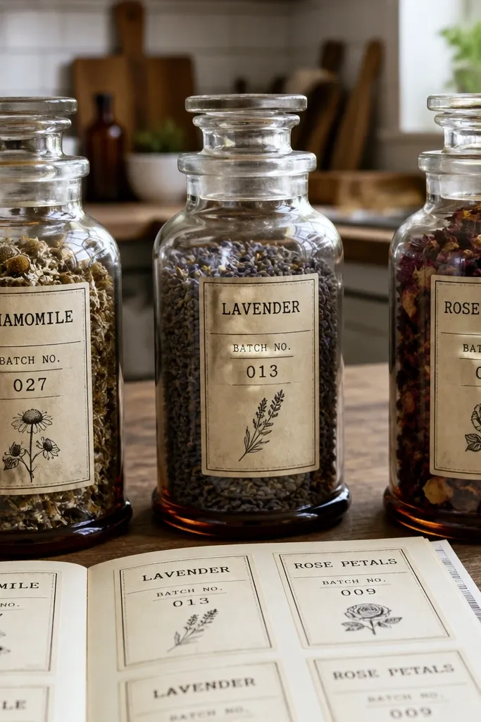 Apothecary style jar labels with ingredient lists and worn typography