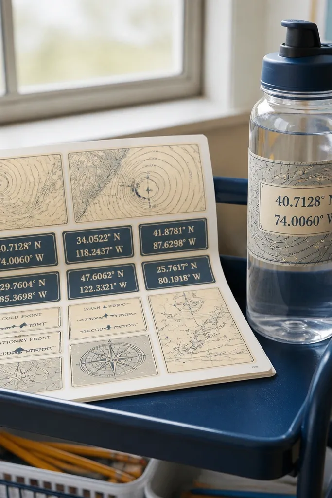 Weather map label stickers with faded lines and small coordinate text