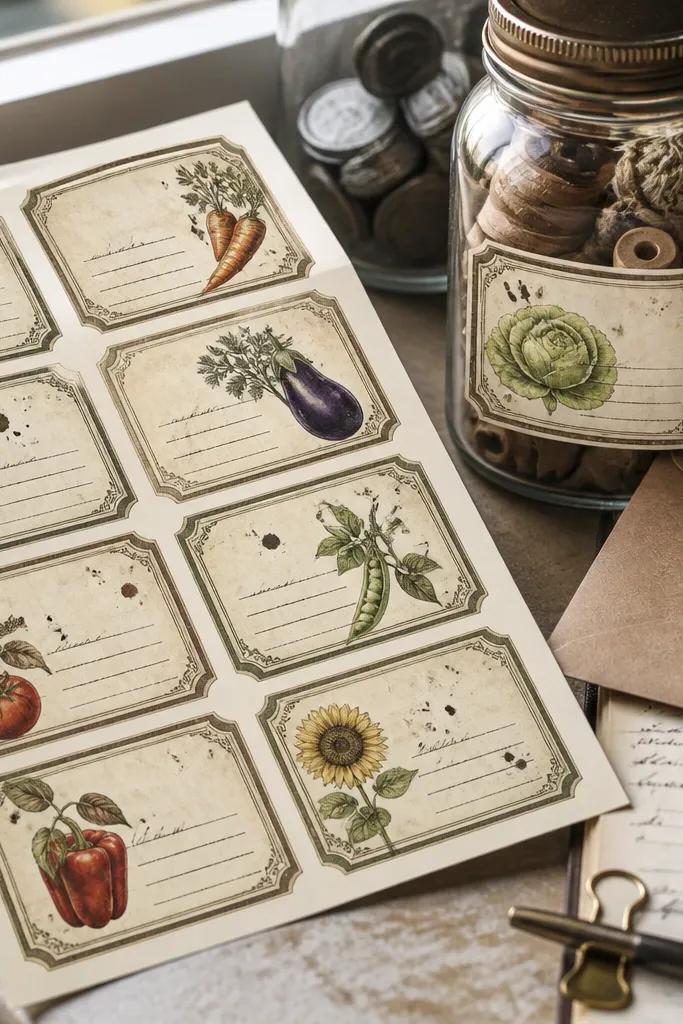 Seed packet label stickers with handwritten-style text and faded ink blotches