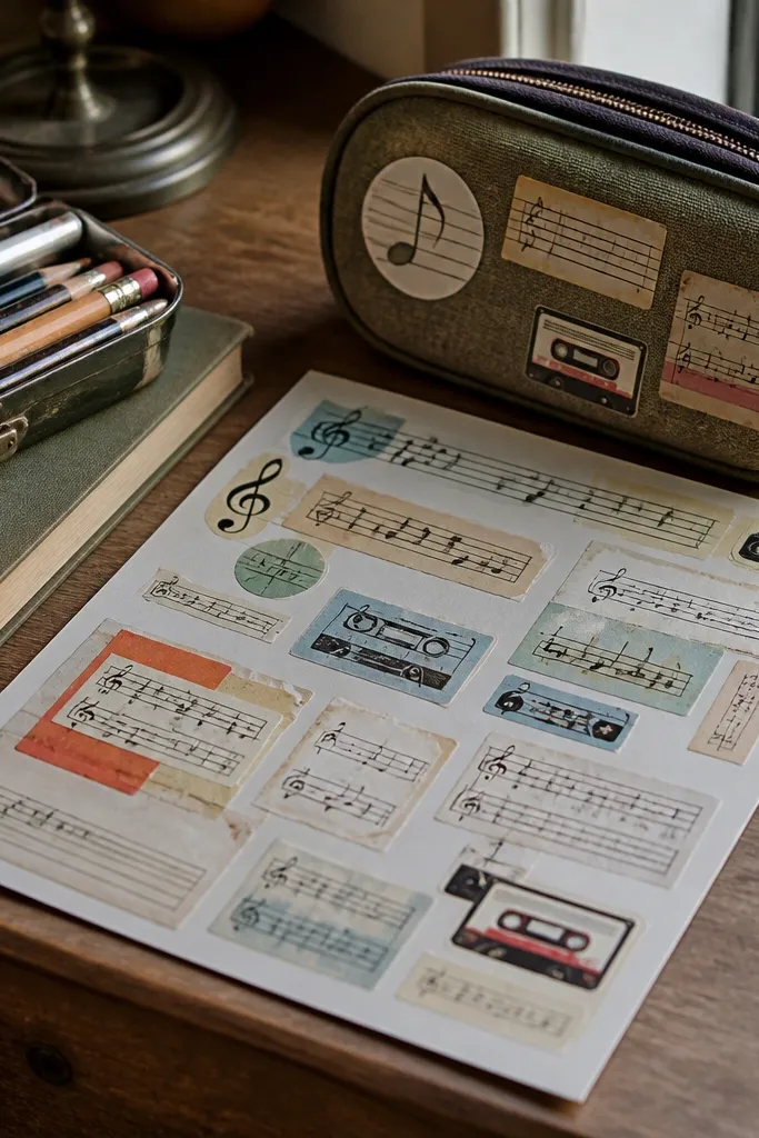 Micro music and cassette labels in muted tones with thin outlines