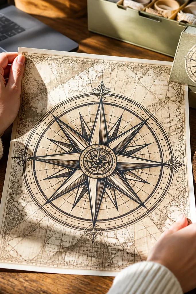 A full sticker sheet with a compass rose and faded map texture
