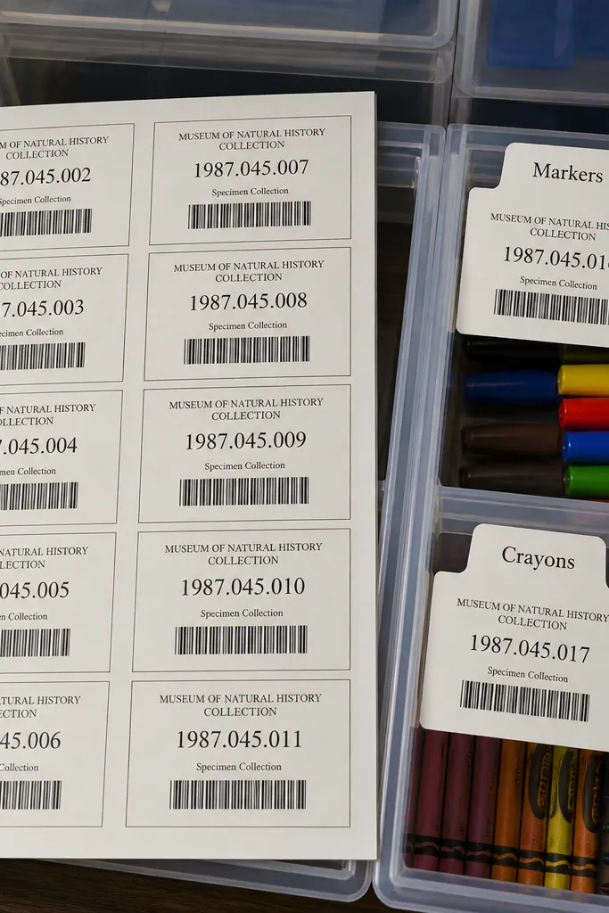 Museum label stickers with barcode blocks and aged typography