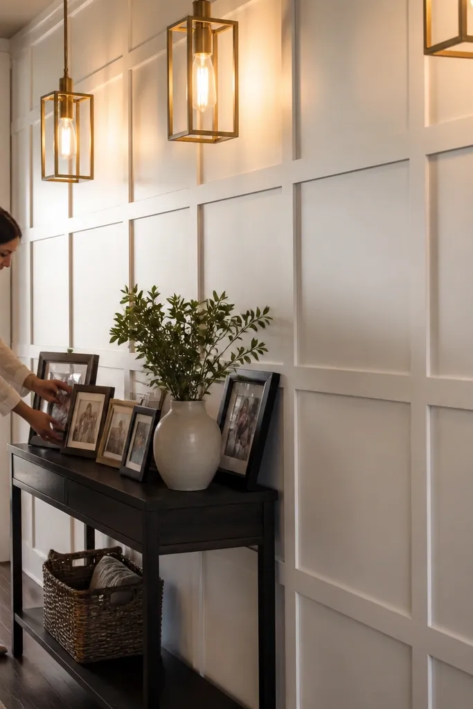 White framed wall panels with a simple top rail and evenly spaced rectangles