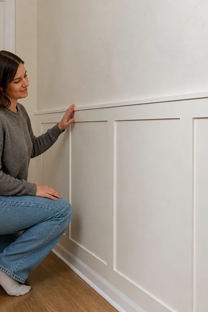 White wainscoting with a clean top rail and recessed square inserts below