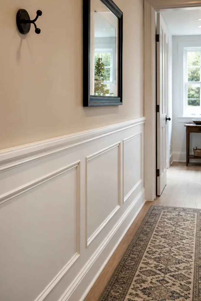 Half-wall chair rail with simple framed squares and a clean paint line