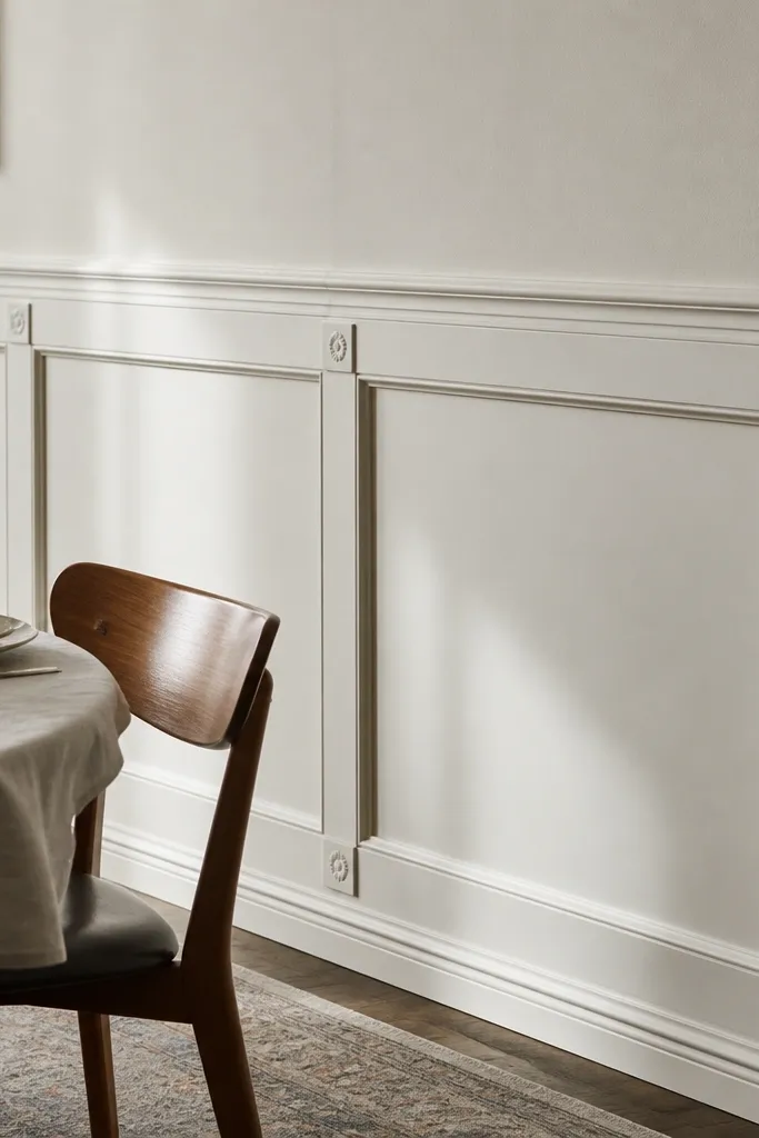 Framed French-style panels with decorative corner blocks and a smooth top rail