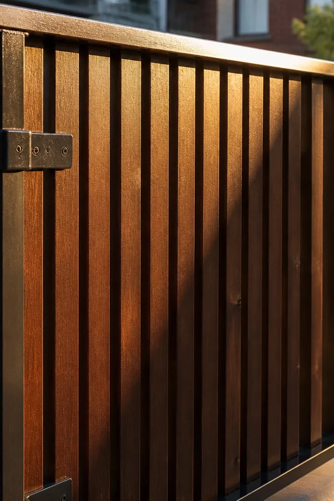 Walnut-stained wooden vertical slats clamped to a balcony railing with black end brackets