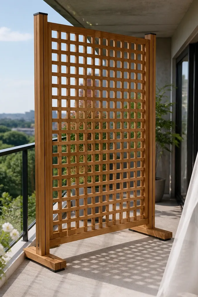 Freestanding cedar wood screen panel placed inside a balcony railing