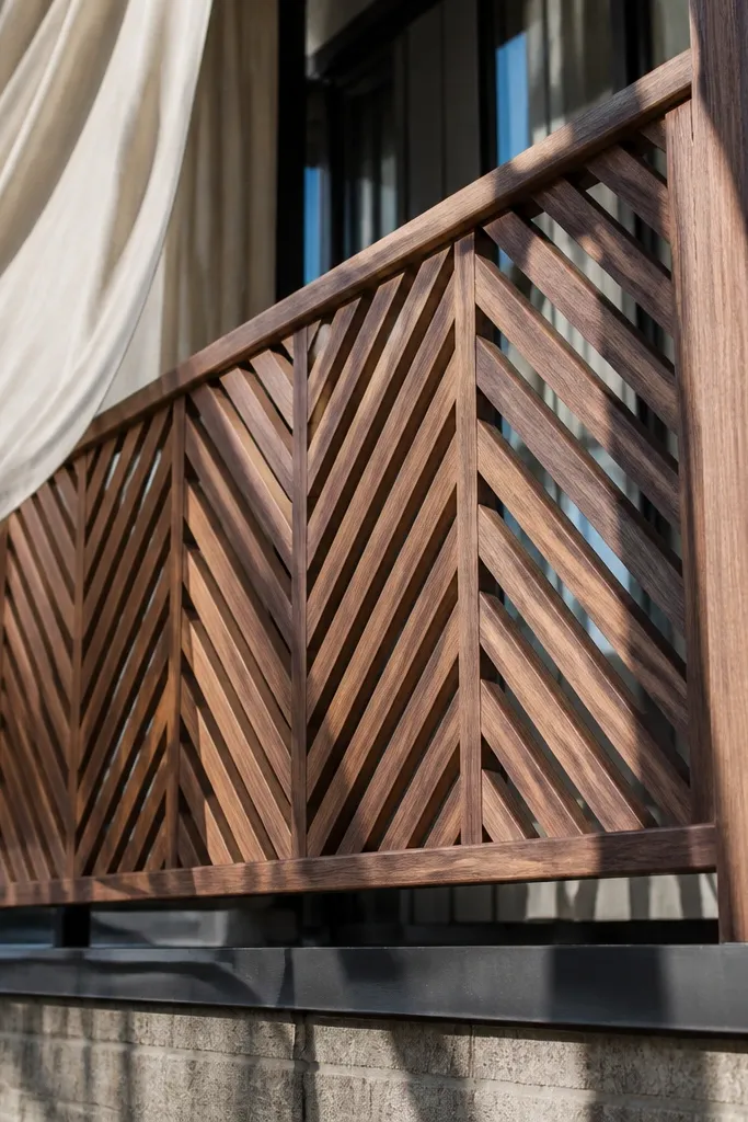Diagonal herringbone wooden infill panel with warm stain on balcony railing