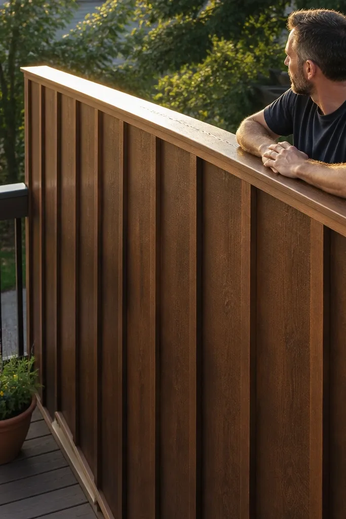 Board-and-batten wood wrap around a balcony top rail in warm brown stain