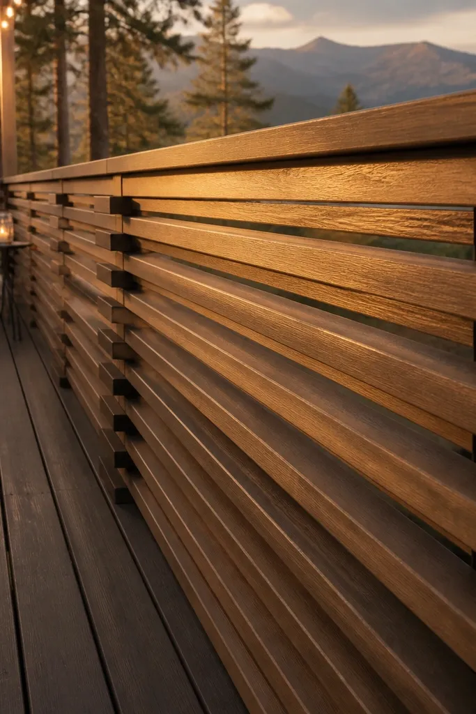 Stacked tiered wooden slats arranged like steps on a balcony railing