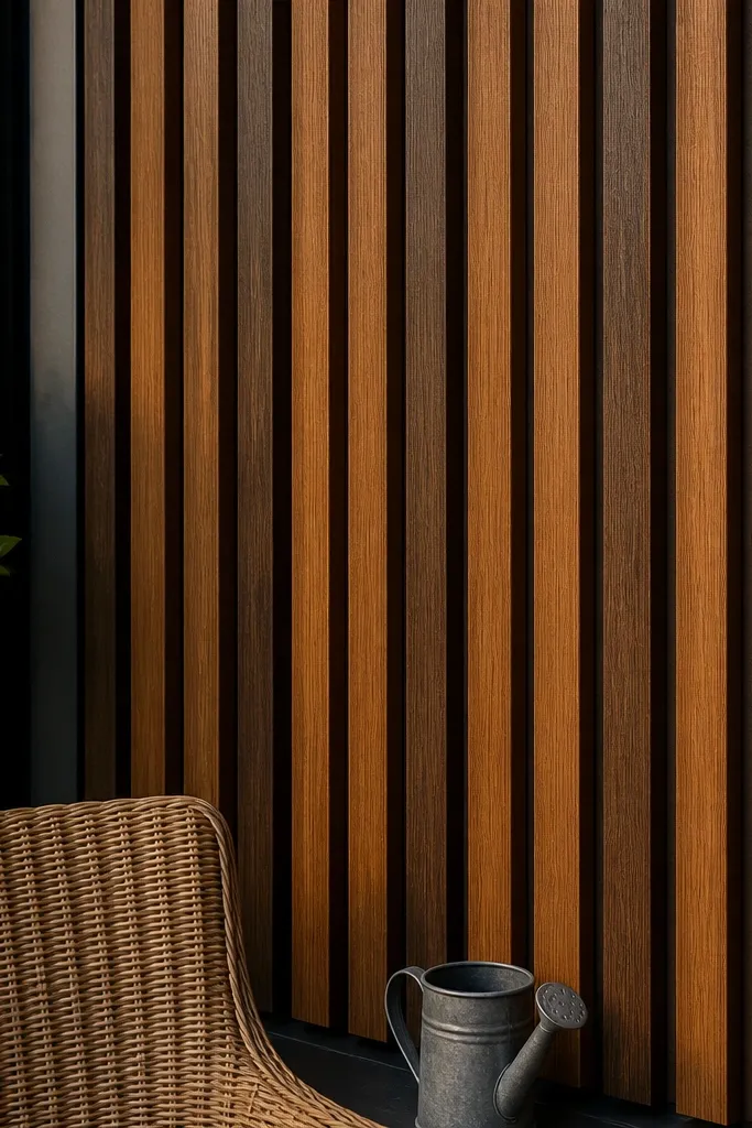 Two-tone stained vertical wood slats with alternating warm shades on balcony railing