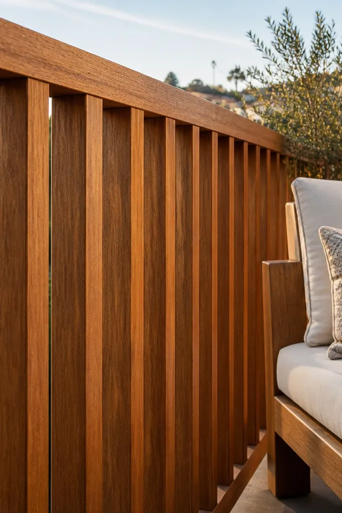 Teak-look stained wooden slats showing visible grain on balcony railing