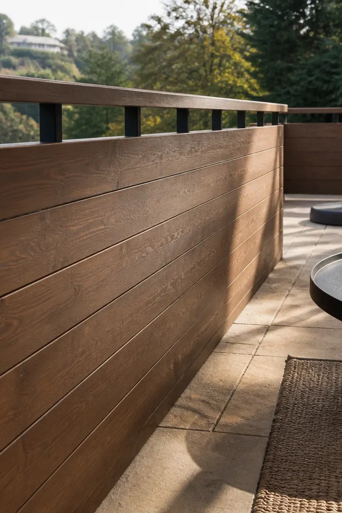 Shiplap-style wooden panel with warm stain and visible grooves on balcony railing
