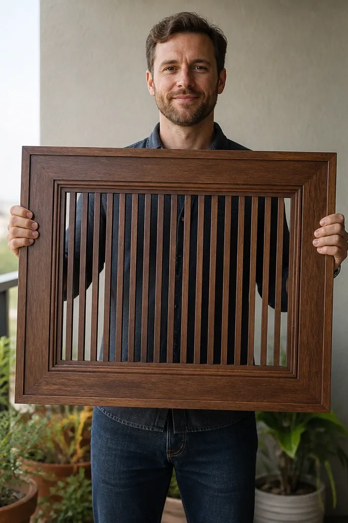 Wood slat grid inside a raised trim frame mounted on balcony railing