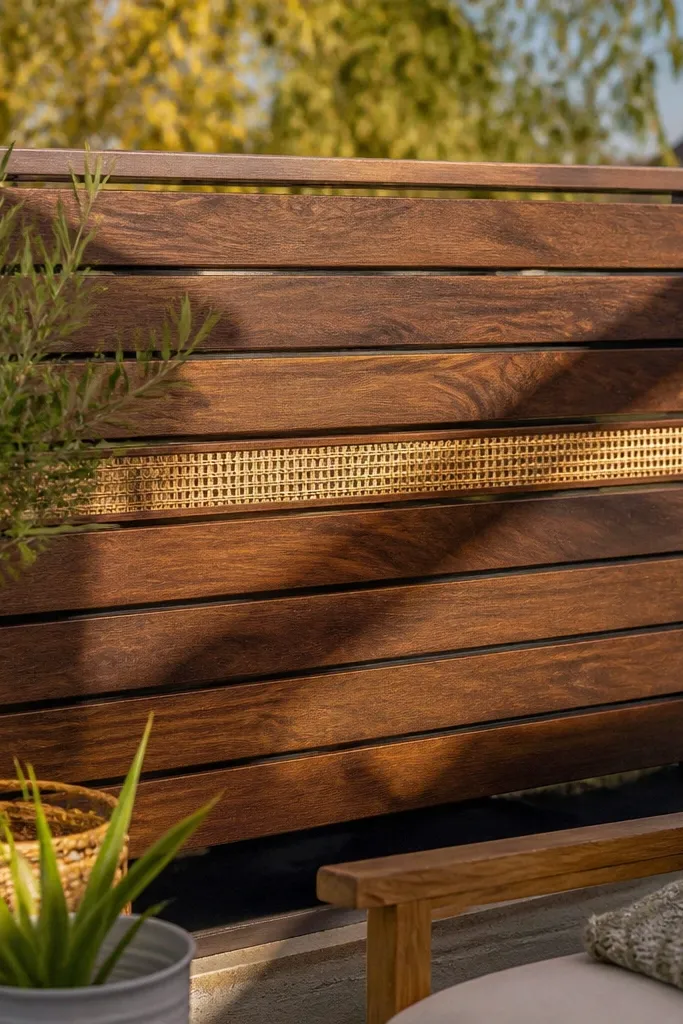 Horizontal warm wood slats with a rattan strip inlay accent on balcony railing