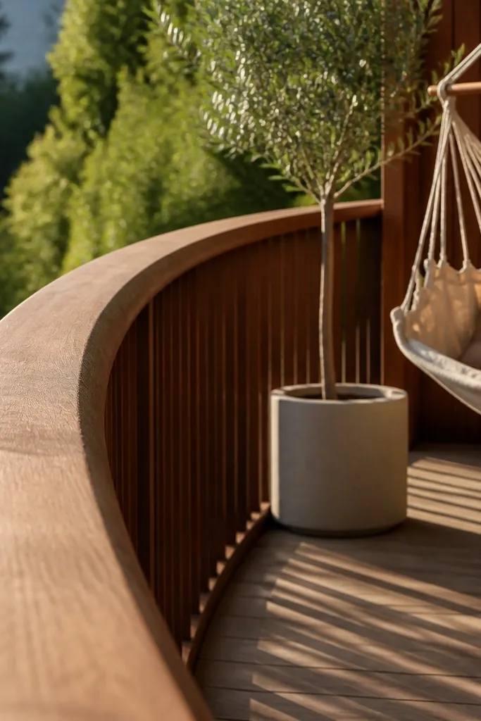 Curved wood top cap with warm wood slats below on a balcony railing