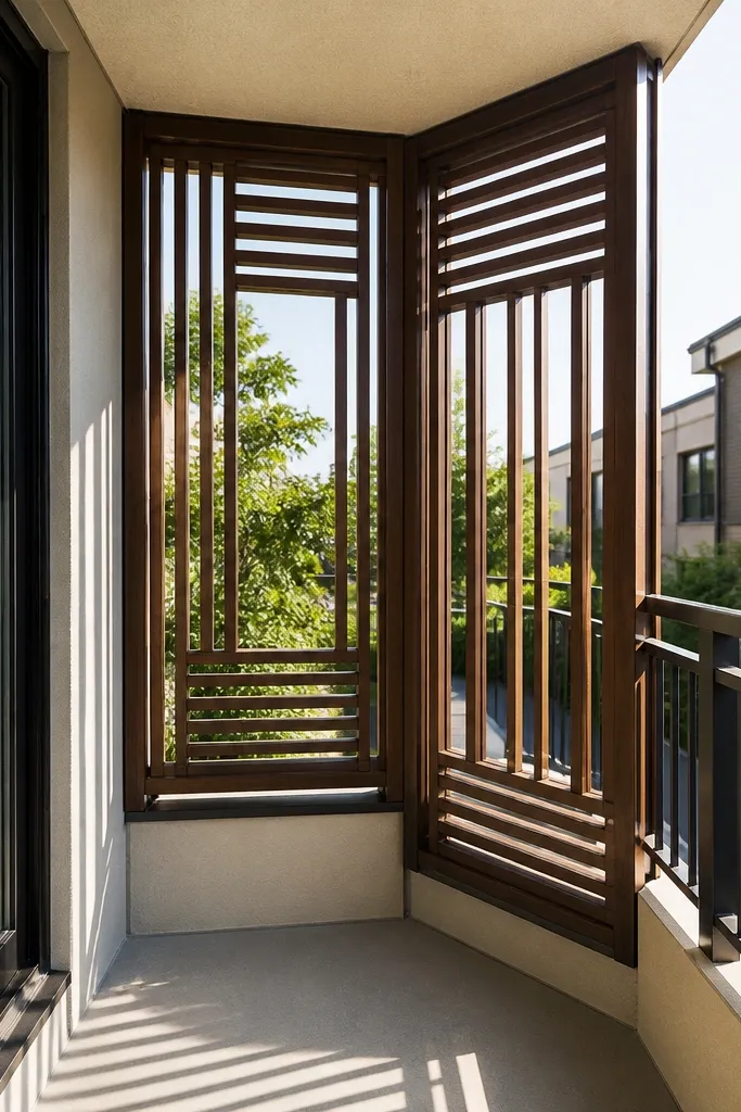 Two wooden corner privacy panels leaving open center on balcony railing