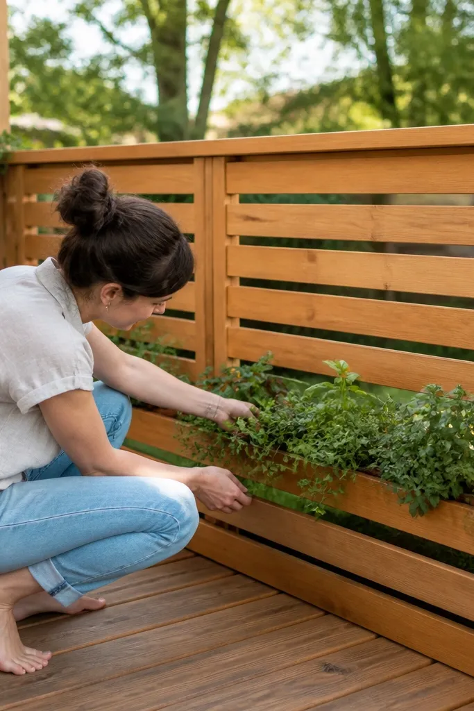 Wood railing screen with shallow planter boxes and removable slat boards