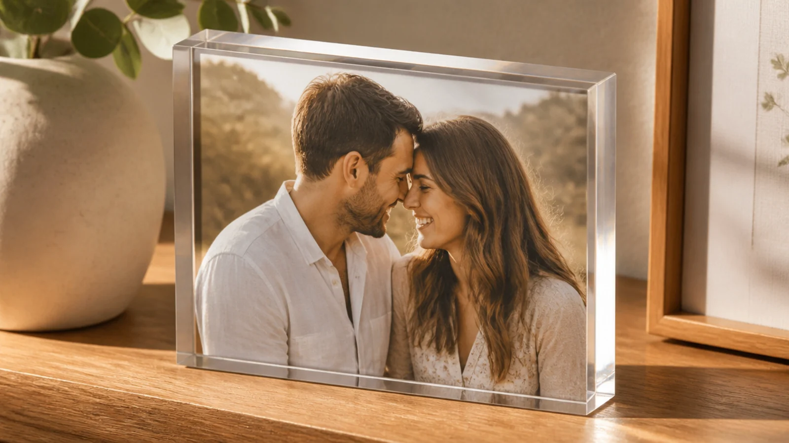 A small photo encased in a clear rectangular resin block that stands upright, glossy on every face.
