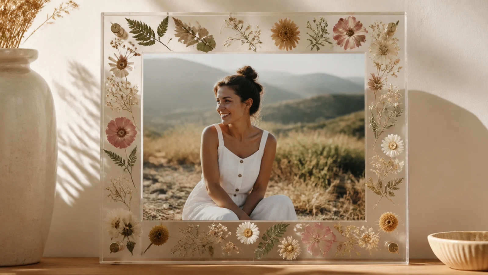 A clear resin frame with real pressed flowers suspended in the border around a central photo opening.