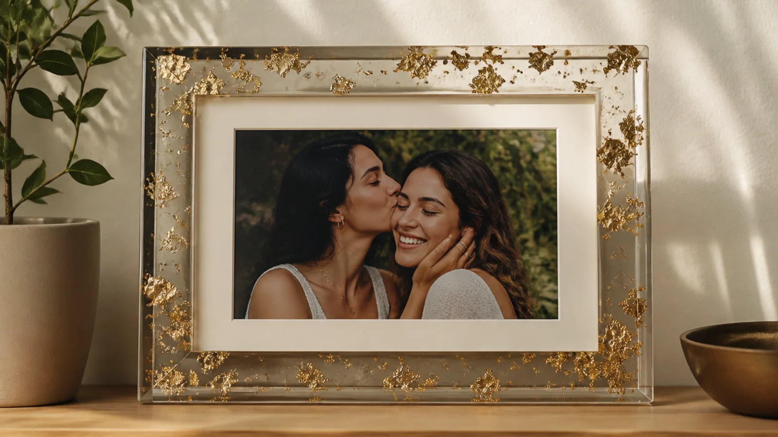 A clear resin frame with flakes of gold leaf scattered through the border, catching the light around a photo.