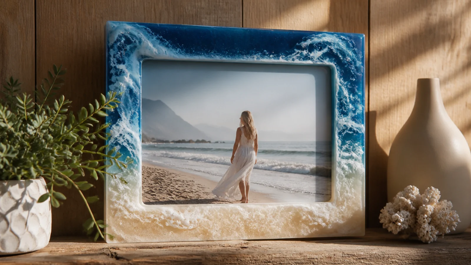 A resin frame with a blue-and-white ocean-wave effect flowing around the border, framing a beach photo.