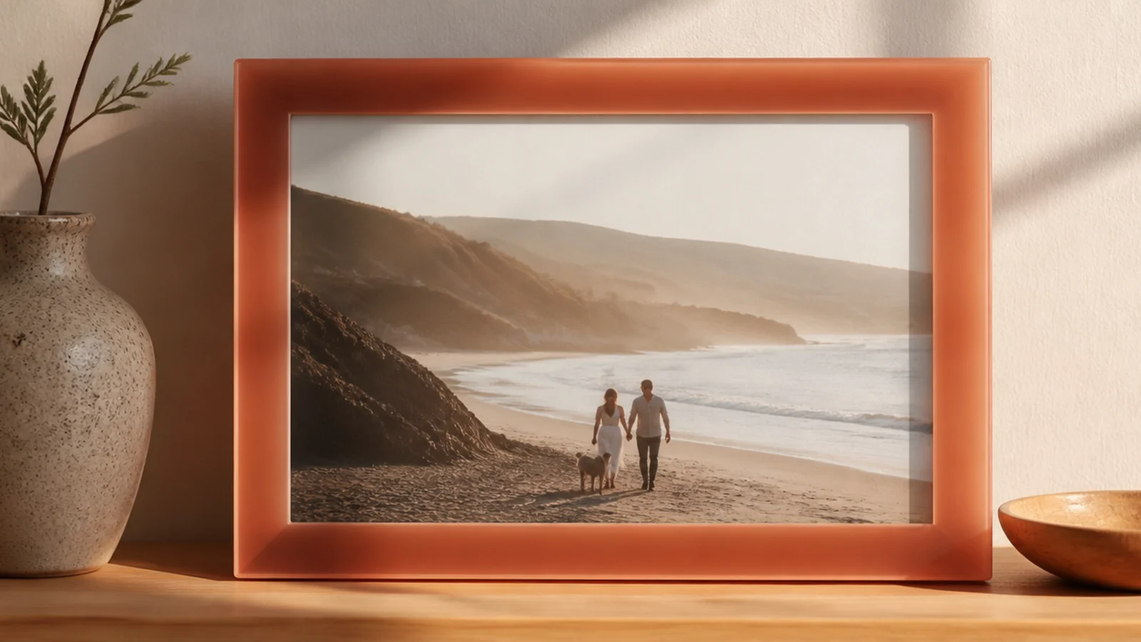 A resin frame with a solid semi-translucent terracotta-tinted border, clean and modern, around a photo.