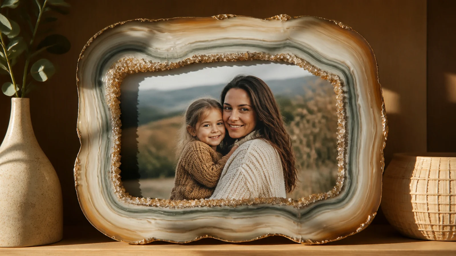 A resin frame border resembling a sliced agate geode with tinted rings and a glittery crystal center edge.